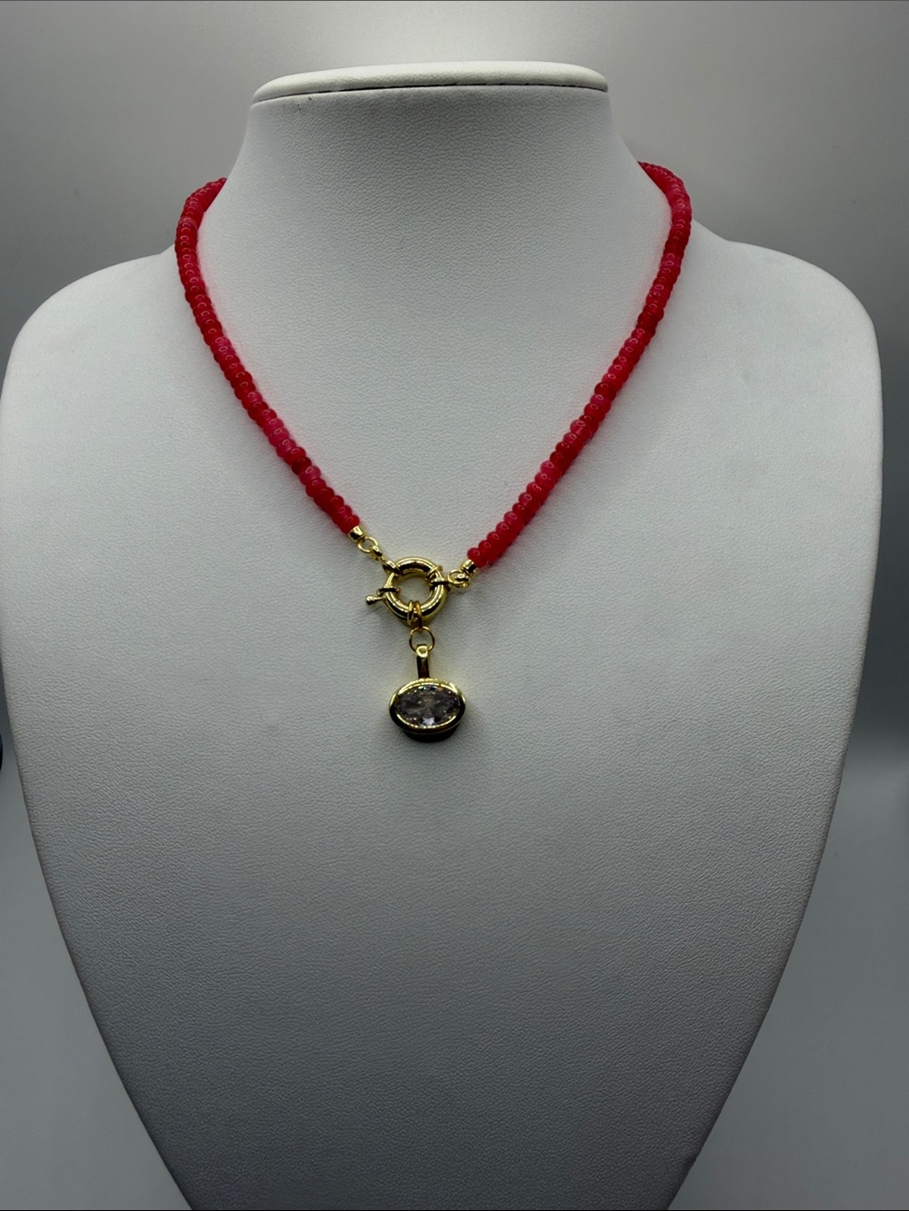 061. Pink Beaded Necklace with Gold and Clear Crystal Pendant. 16” - Picture 2 of 4